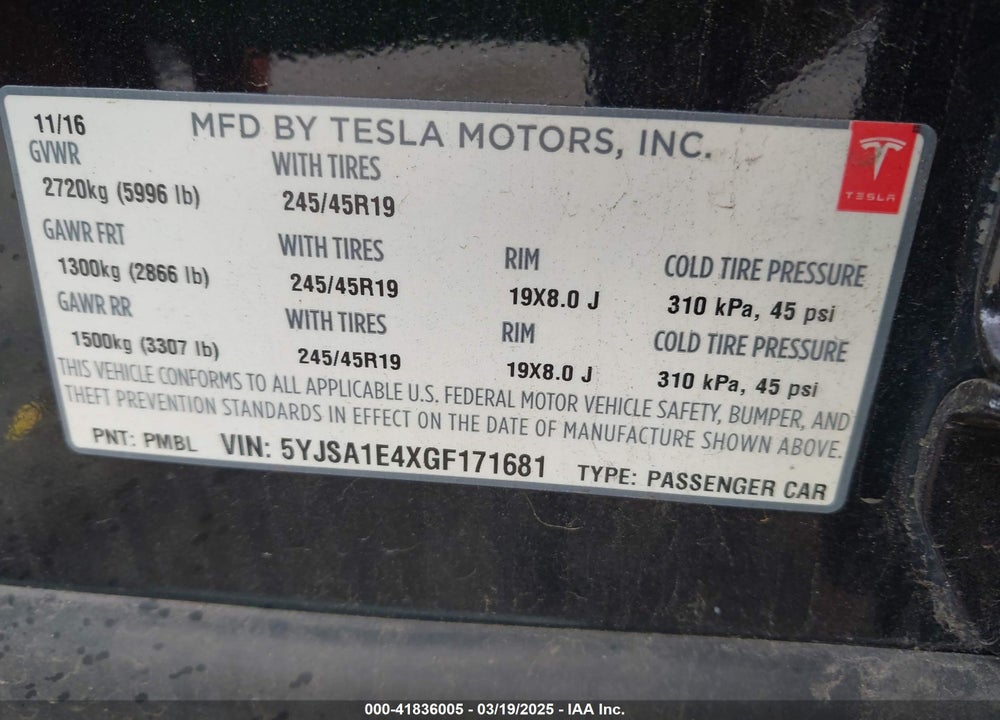 2016 TESLA MODEL S VIN: 5YJSA1E4XGF171681