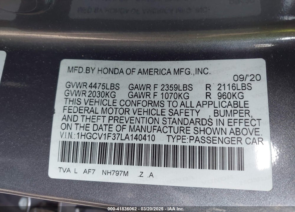 2020 HONDA ACCORD VIN: 1HGCV1F37LA140410