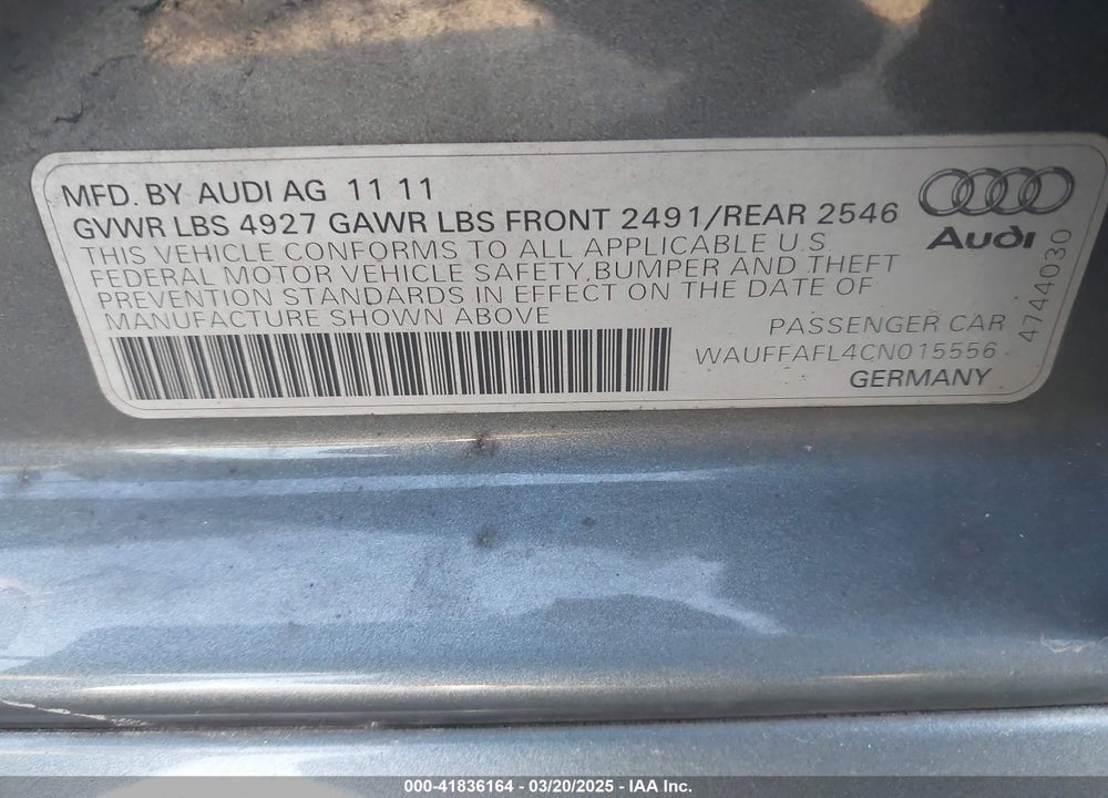 2012 AUDI A4 2.0T PREMIUM VIN: WAUFFAFL4CN015556