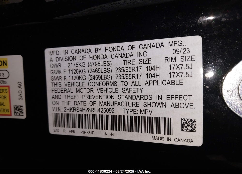 2024 HONDA CR-V VIN: 2HKRS4H28RH425092