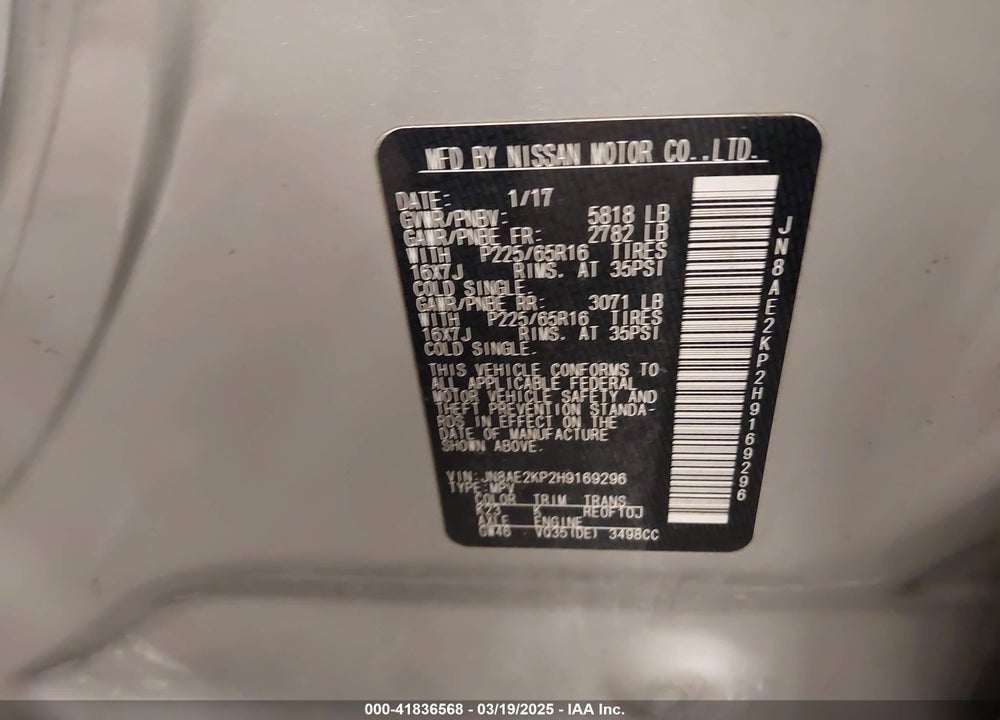 2017 NISSAN QUEST SV VIN: JN8AE2KP2H9169296