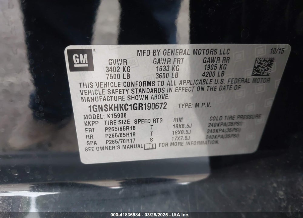 2016 CHEVROLET SUBURBAN VIN: 1GNSKHKC1GR190672