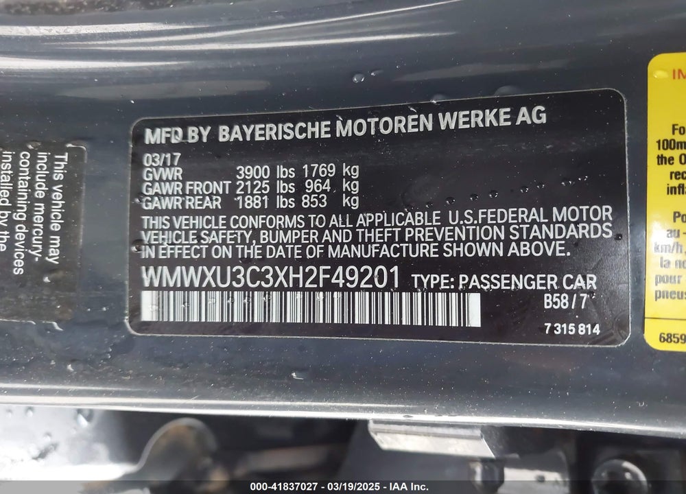 2017 MINI HARDTOP COOPER S VIN: WMWXU3C3XH2F49201
