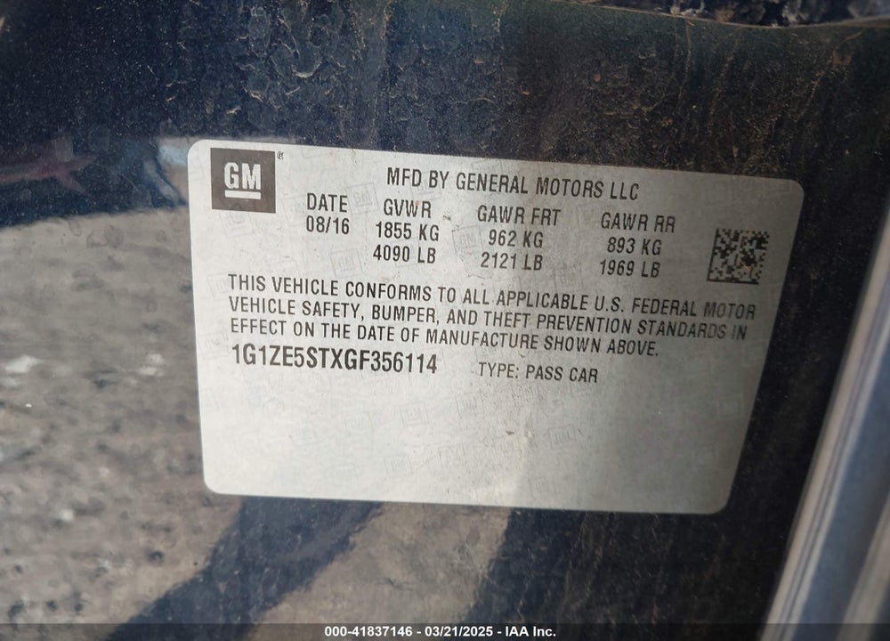 2016 CHEVROLET MALIBU VIN: 1G1ZE5STXGF356114