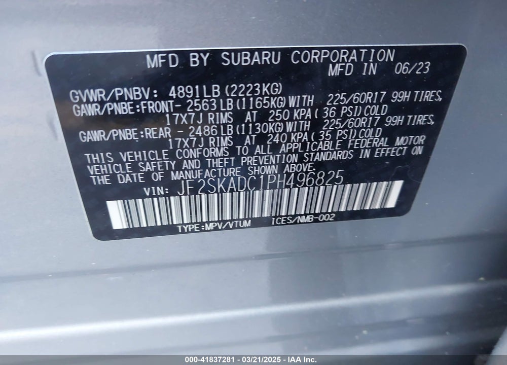 2023 SUBARU FORESTER VIN: JF2SKADC1PH496825