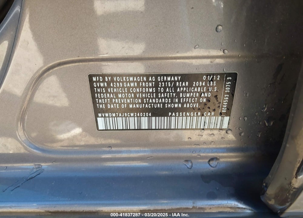 2012 VOLKSWAGEN GOLF TDI 4-DOOR VIN: WVWDM7AJ9CW240204