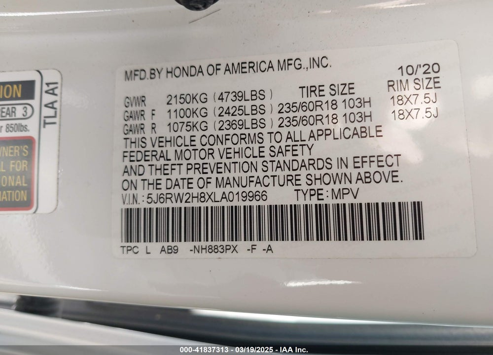 2020 HONDA CR-V AWD EX-L VIN: 5J6RW2H8XLA019966