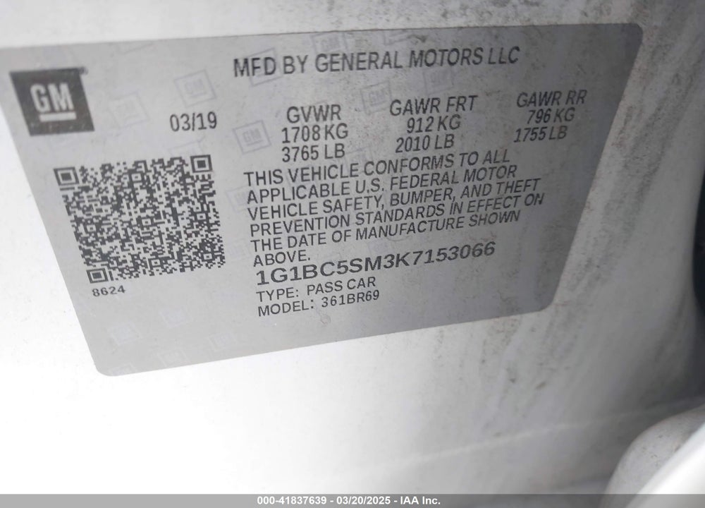 2019 CHEVROLET CRUZE LS VIN: 1G1BC5SM3K7153066