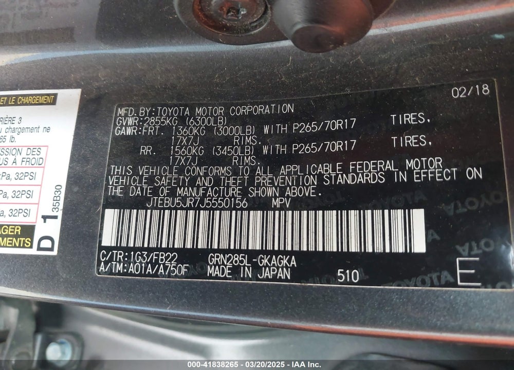 2018 TOYOTA 4RUNNER SR5 VIN: JTEBU5JR7J5550156