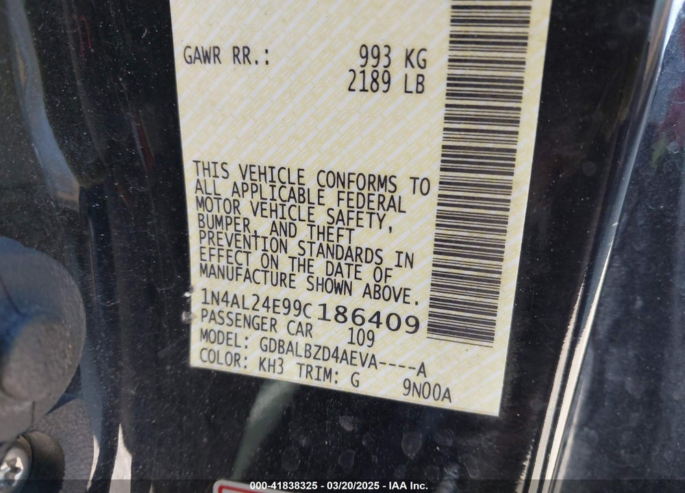 2009 NISSAN ALTIMA 2.5 S VIN: 1N4AL24E99C186409