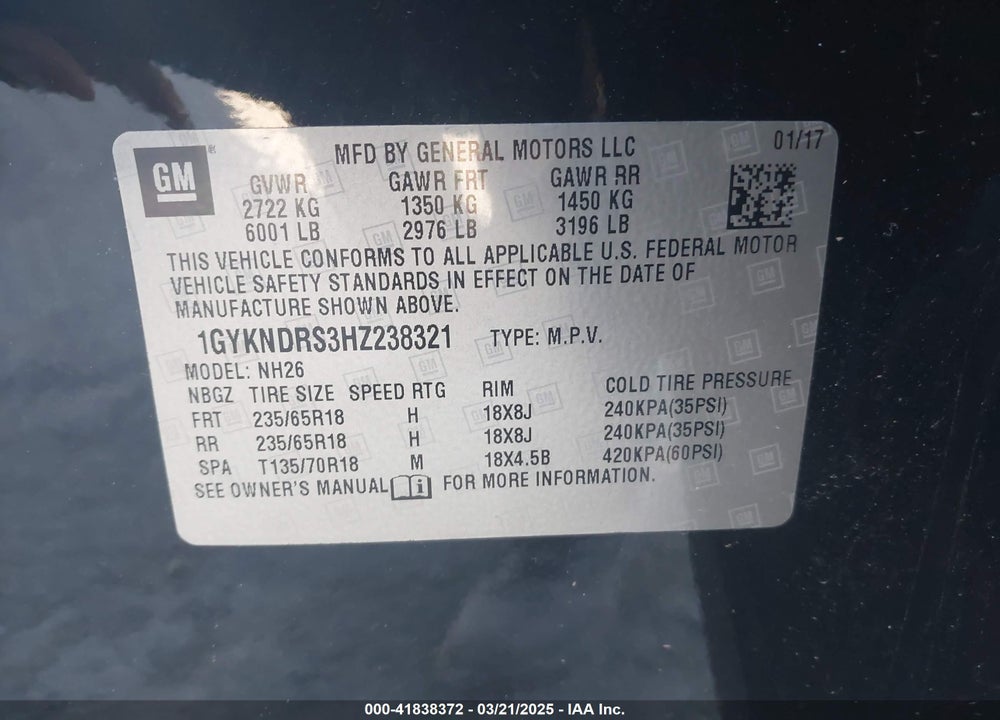 2017 CADILLAC XT5 VIN: 1GYKNDRS3HZ238321