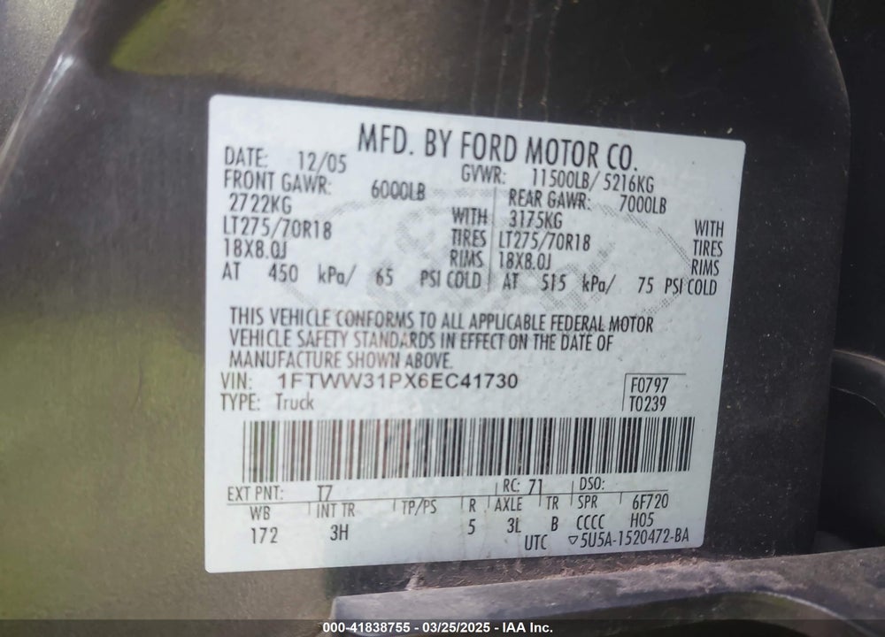 2006 FORD F 350 VIN: 1FTWW31PX6EC41730