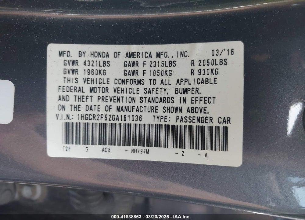 2016 HONDA ACCORD VIN: 1HGCR2F52GA161036