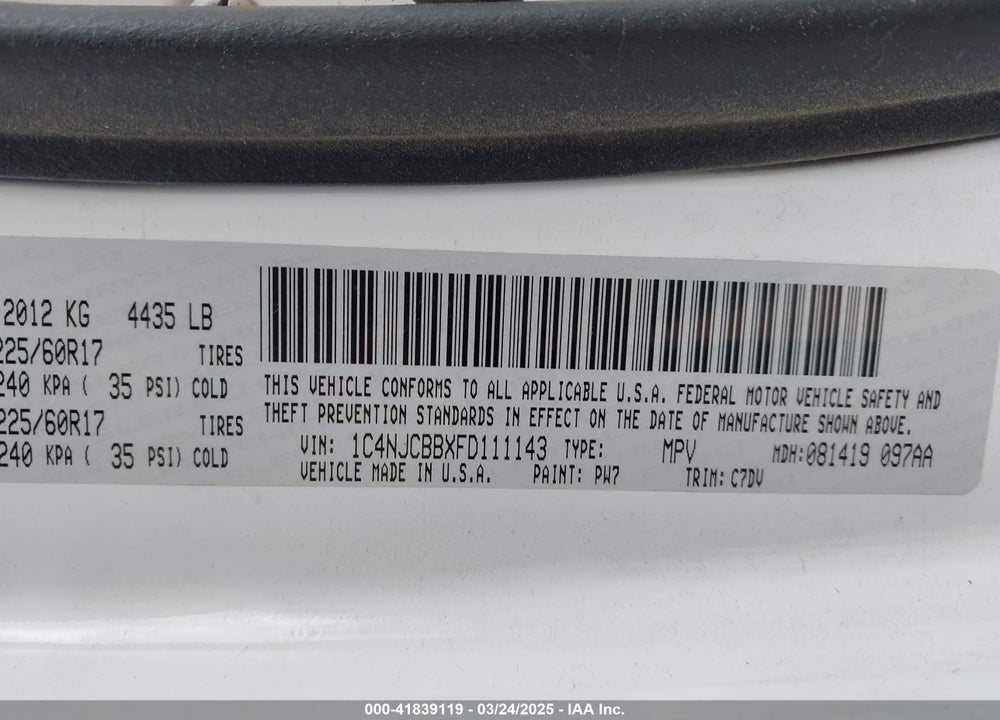 2015 JEEP COMPASS VIN: 1C4NJCBBXFD111143