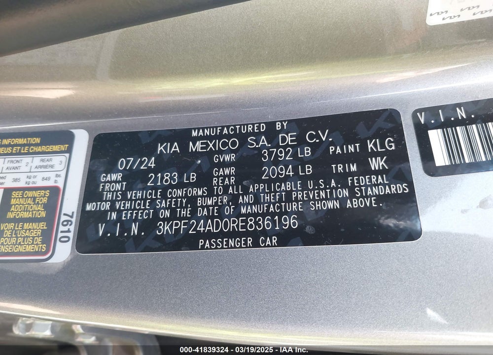 2024 KIA FORTE VIN: 3KPF24AD0RE836196