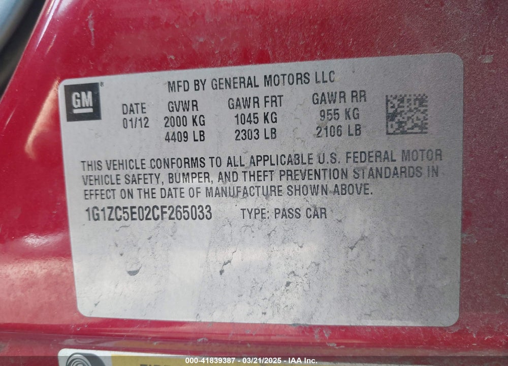 2012 CHEVROLET MALIBU 1LT VIN: 1G1ZC5E02CF265033