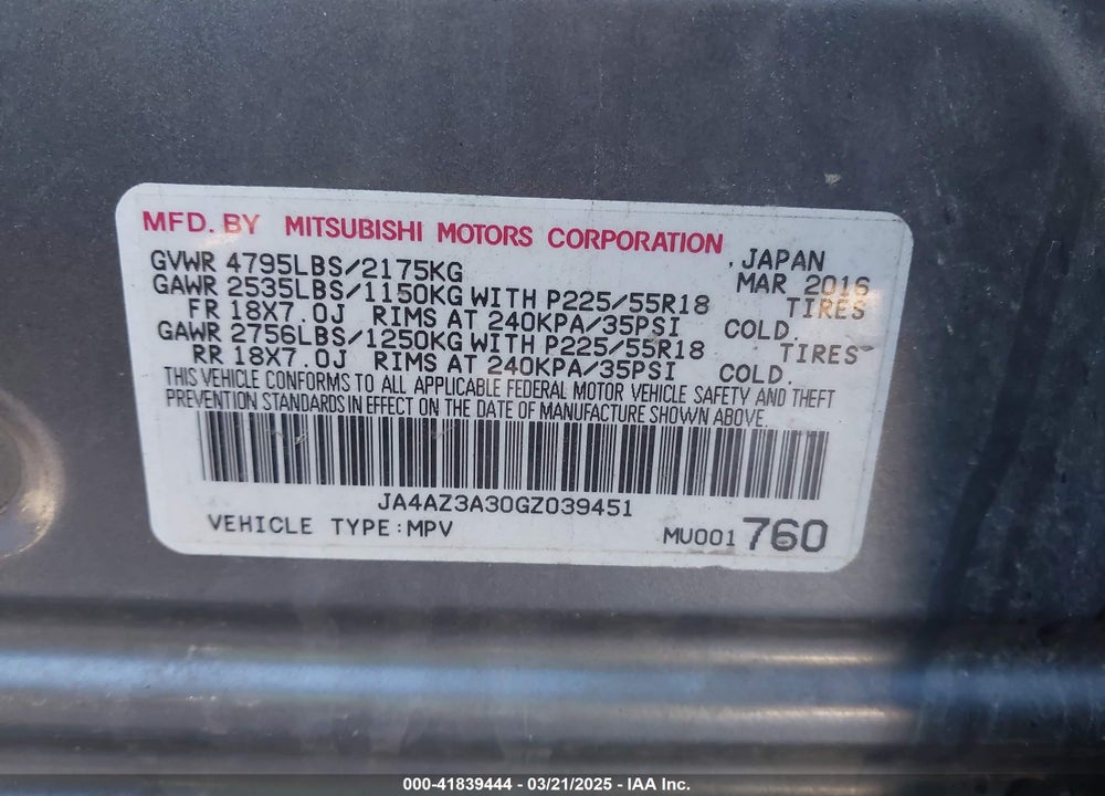 2016 MITSUBISHI OUTLANDER VIN: JA4AZ3A30GZ039451