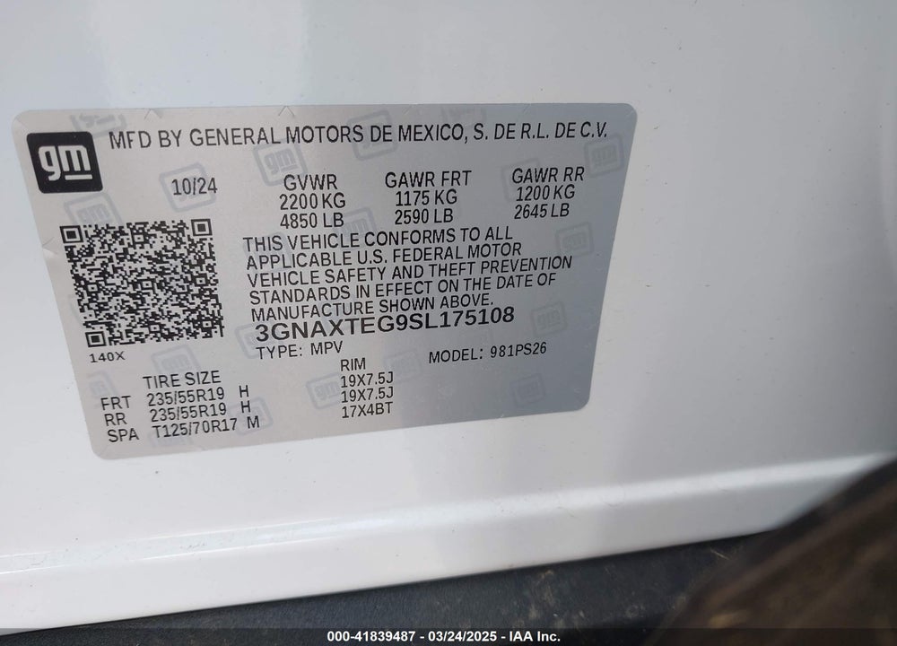 2025 CHEVROLET EQUINOX VIN: 3GNAXTEG9SL175108