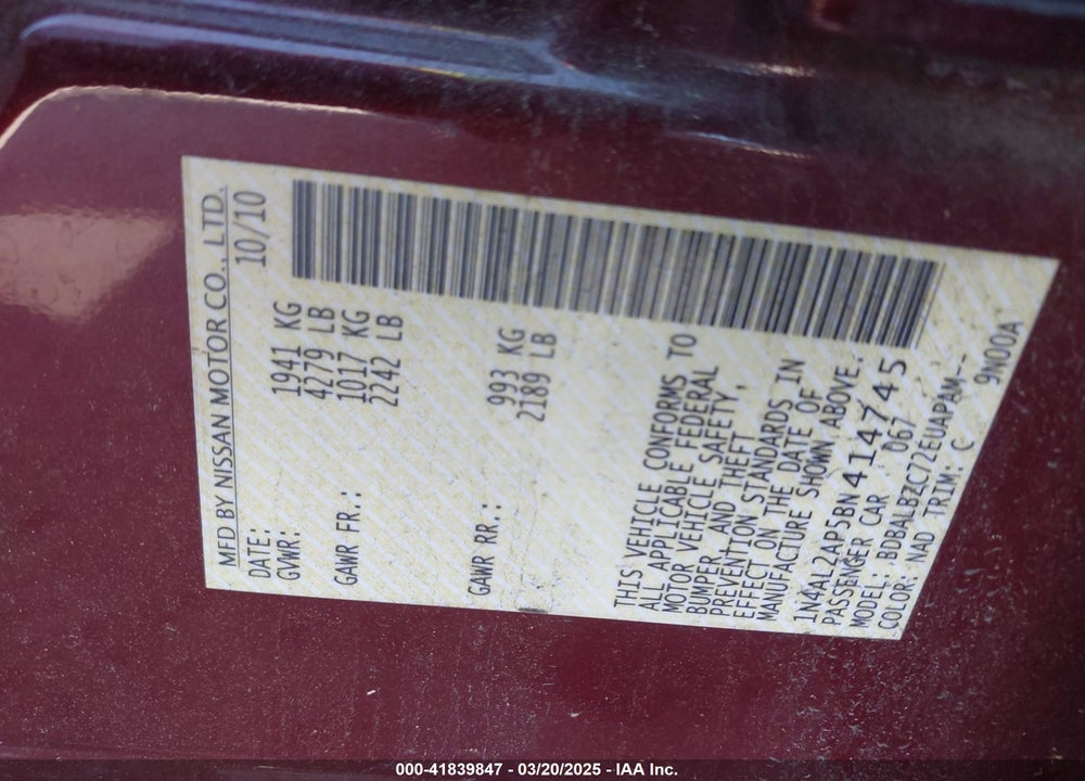 2011 NISSAN ALTIMA VIN: 1N4AL2AP5BN414745