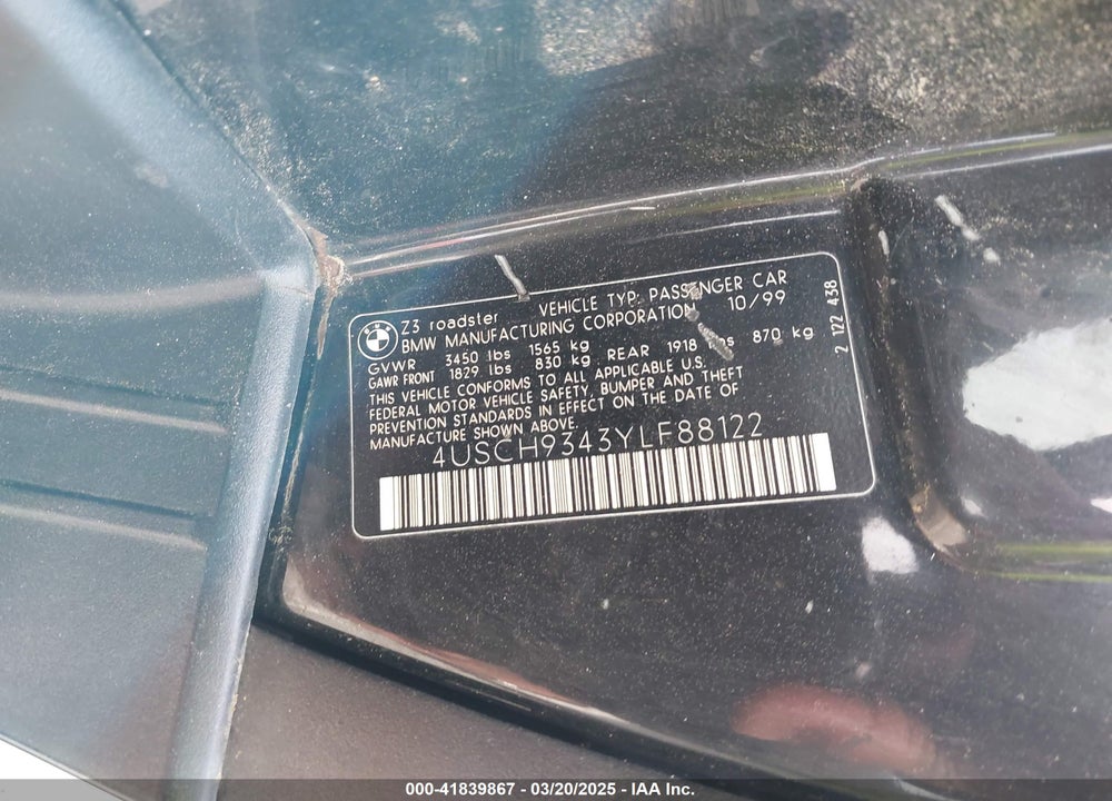 2000 BMW Z3 2.3 VIN: 4USCH9343YLF88122