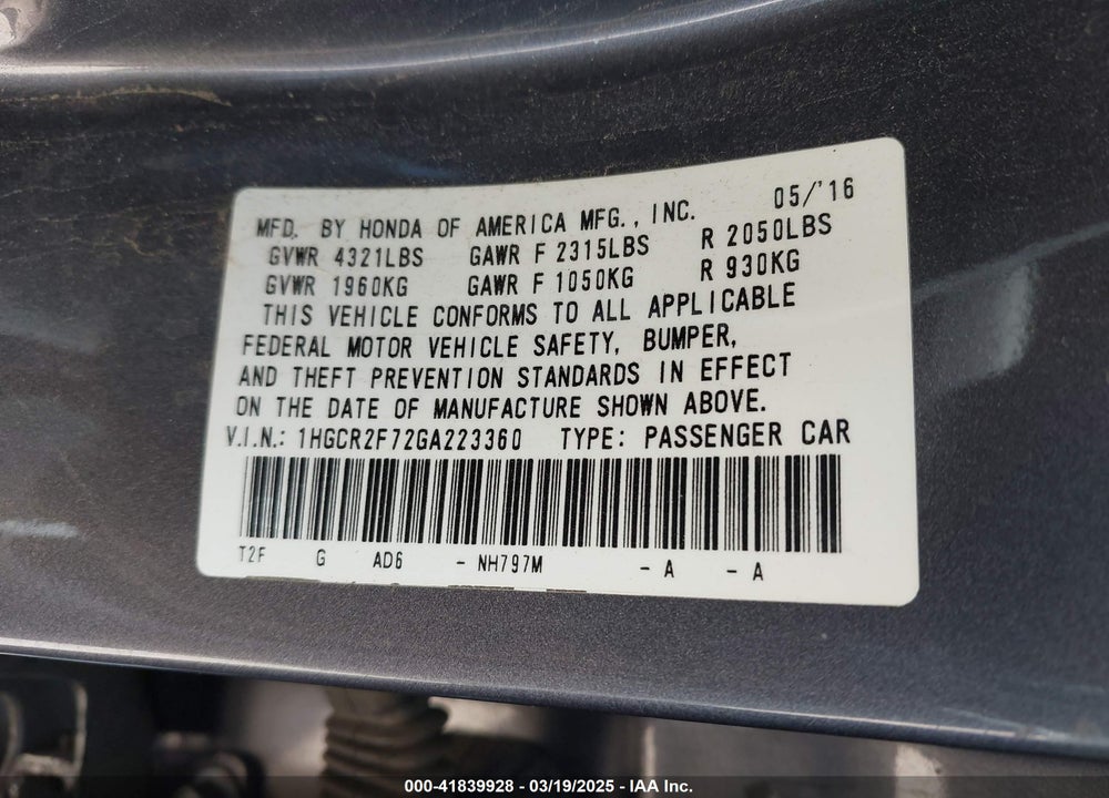 2016 HONDA ACCORD EX VIN: 1HGCR2F72GA223360