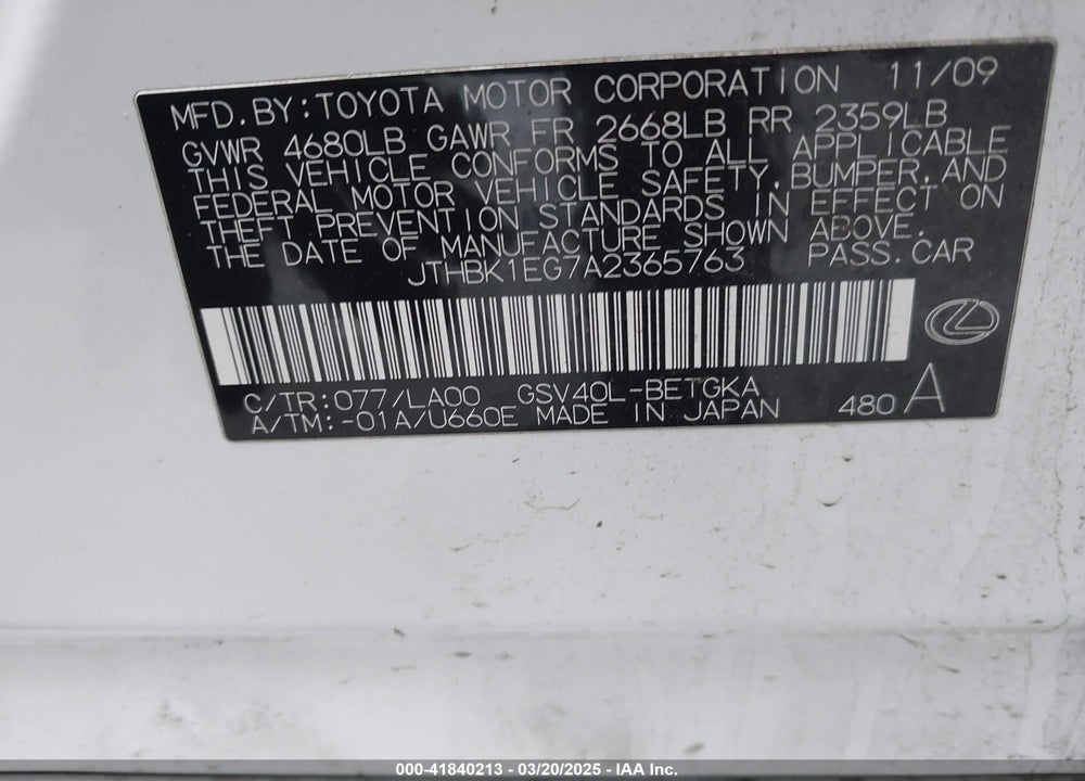 2010 LEXUS ES 350 VIN: JTHBK1EG7A2365763