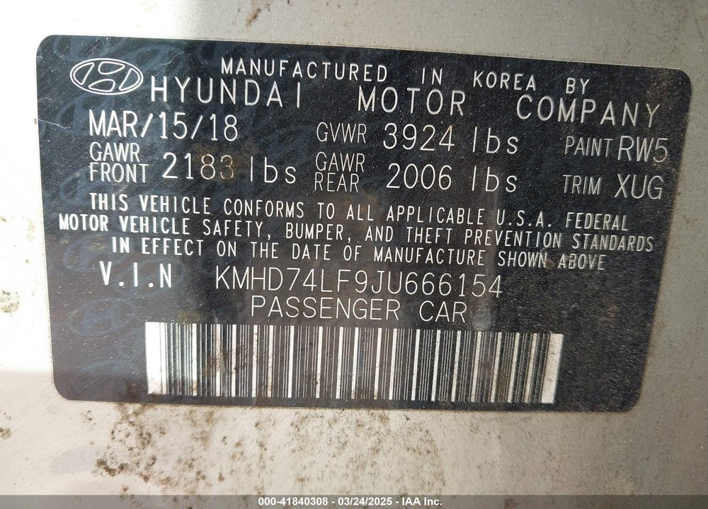 2018 HYUNDAI ELANTRA SE VIN: KMHD74LF9JU666154