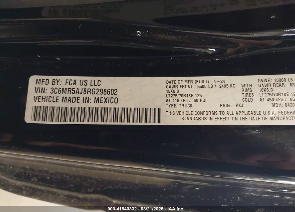 2024 RAM 2500 TRADESMAN 4X4 8' BOX VIN: 3C6MR5AJ8RG298602