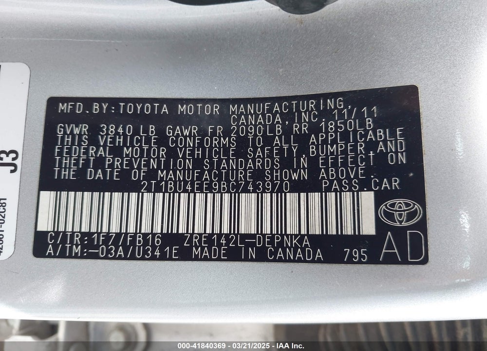 2011 TOYOTA COROLLA VIN: 2T1BU4EE9BC743970