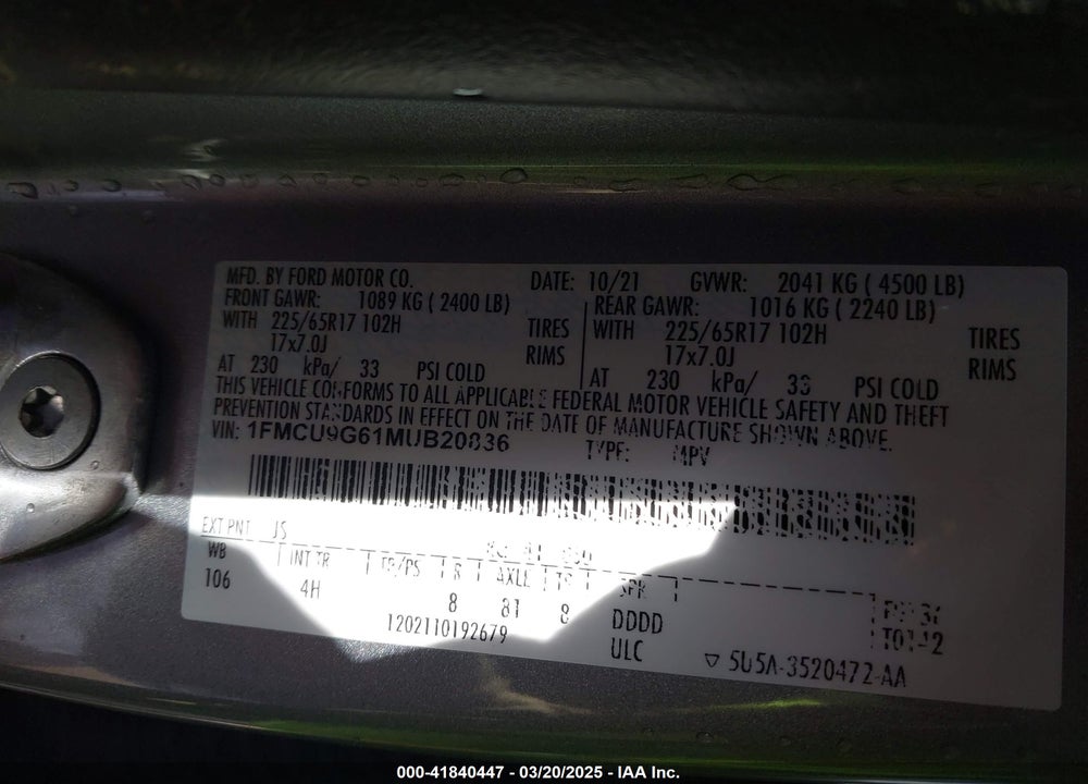 2021 FORD ESCAPE SE VIN: 1FMCU9G61MUB20836