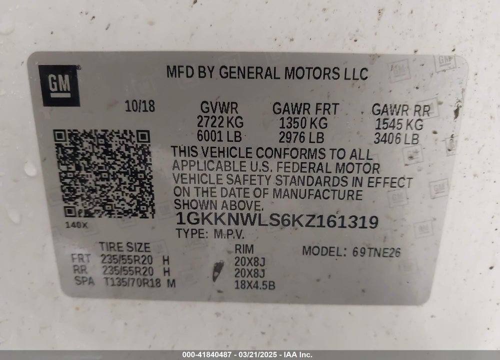 2019 GMC ACADIA VIN: 1GKKNWLS6KZ161319