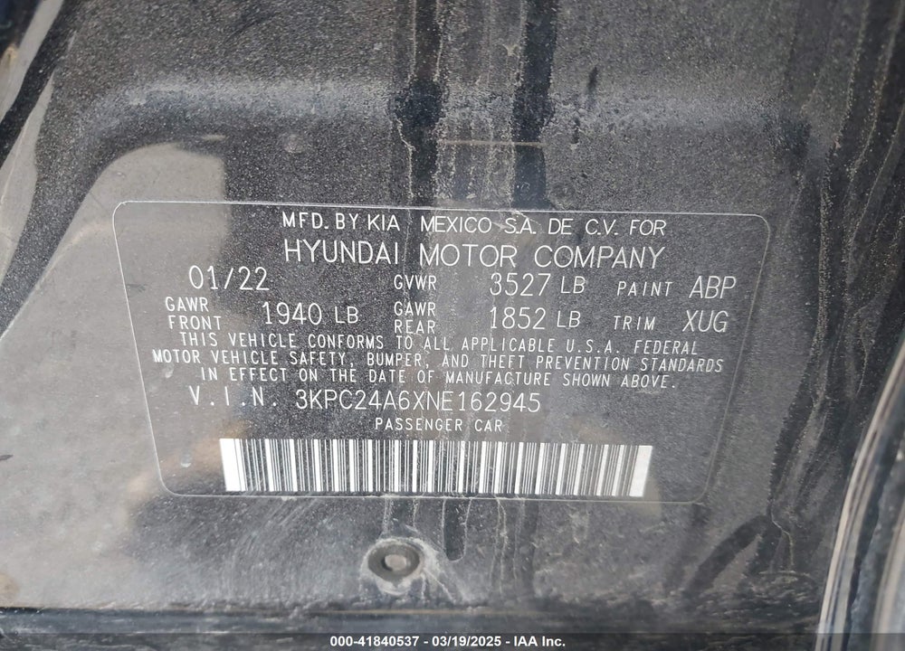 2022 HYUNDAI ACCENT VIN: 3KPC24A6XNE162945