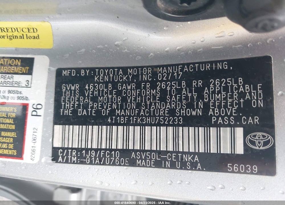 2017 TOYOTA CAMRY LE VIN: 4T1BF1FK3HU752233