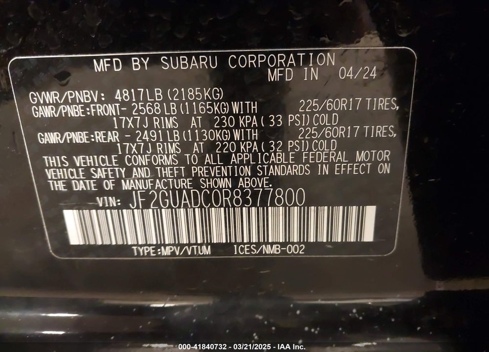 2024 SUBARU CROSSTREK VIN: JF2GUADC0R8377800