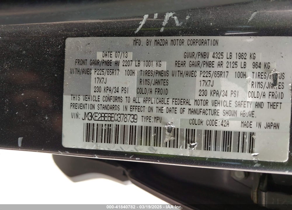 2014 MAZDA CX-5 SPORT VIN: JM3KE2BE6E0378739