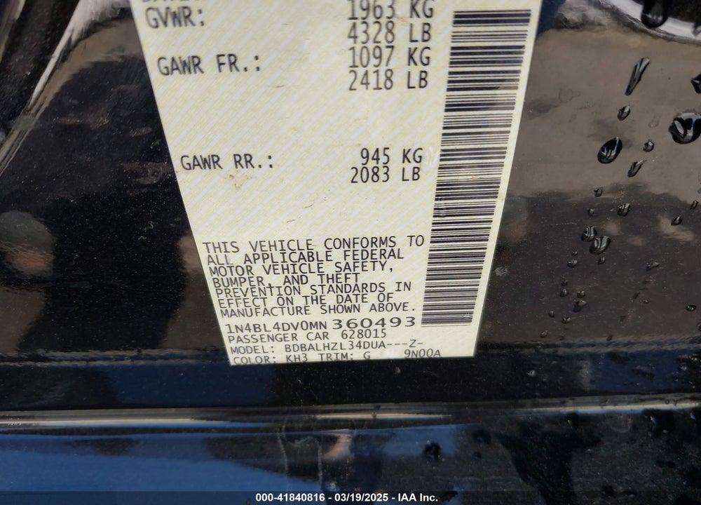 2021 NISSAN ALTIMA VIN: 1N4BL4DV0MN360493