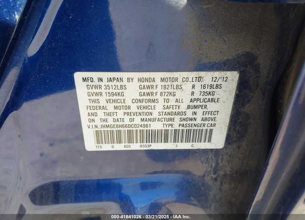 2013 HONDA FIT VIN: JHMGE8H66DC024961