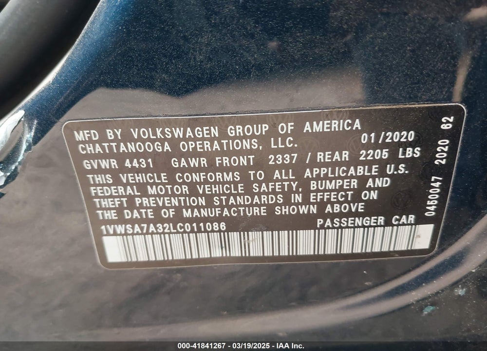 2020 VOLKSWAGEN PASSAT VIN: 1VWSA7A32LC011086