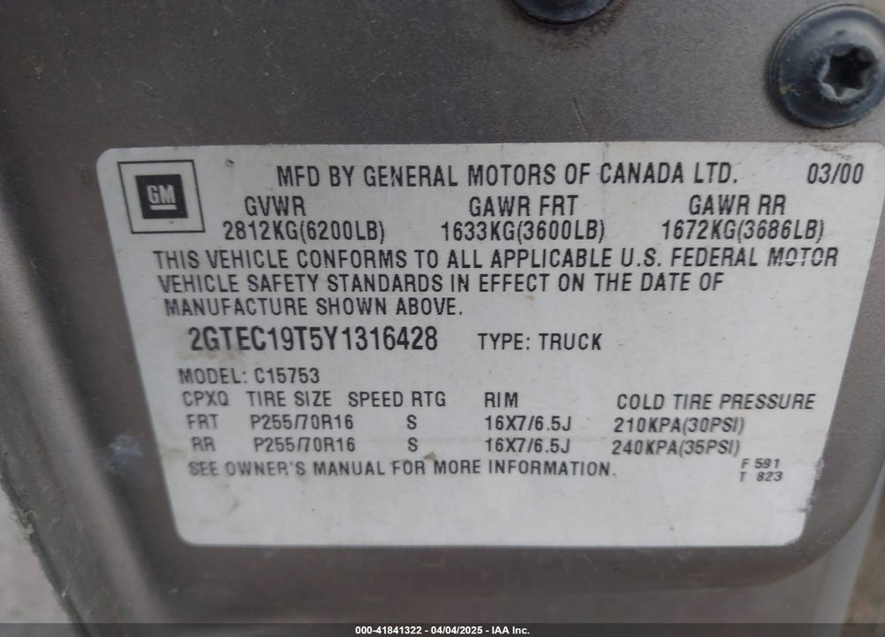 2000 GMC SIERRA 1500 SLE VIN: 2GTEC19T5Y1316428