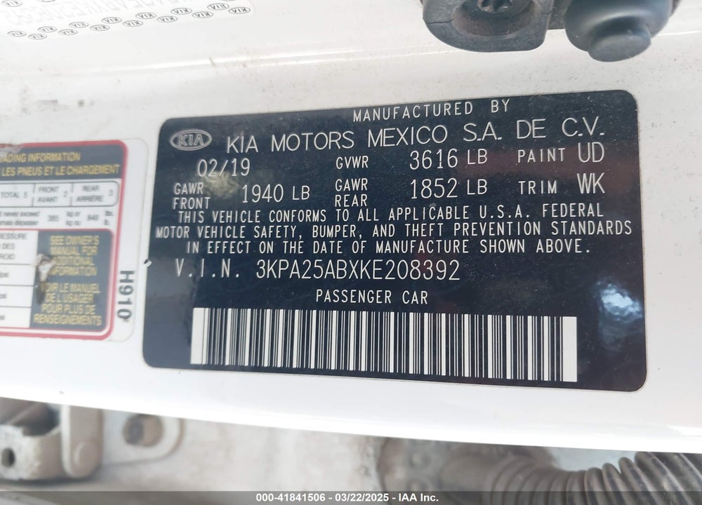 2019 KIA RIO VIN: 3KPA25ABXKE208392