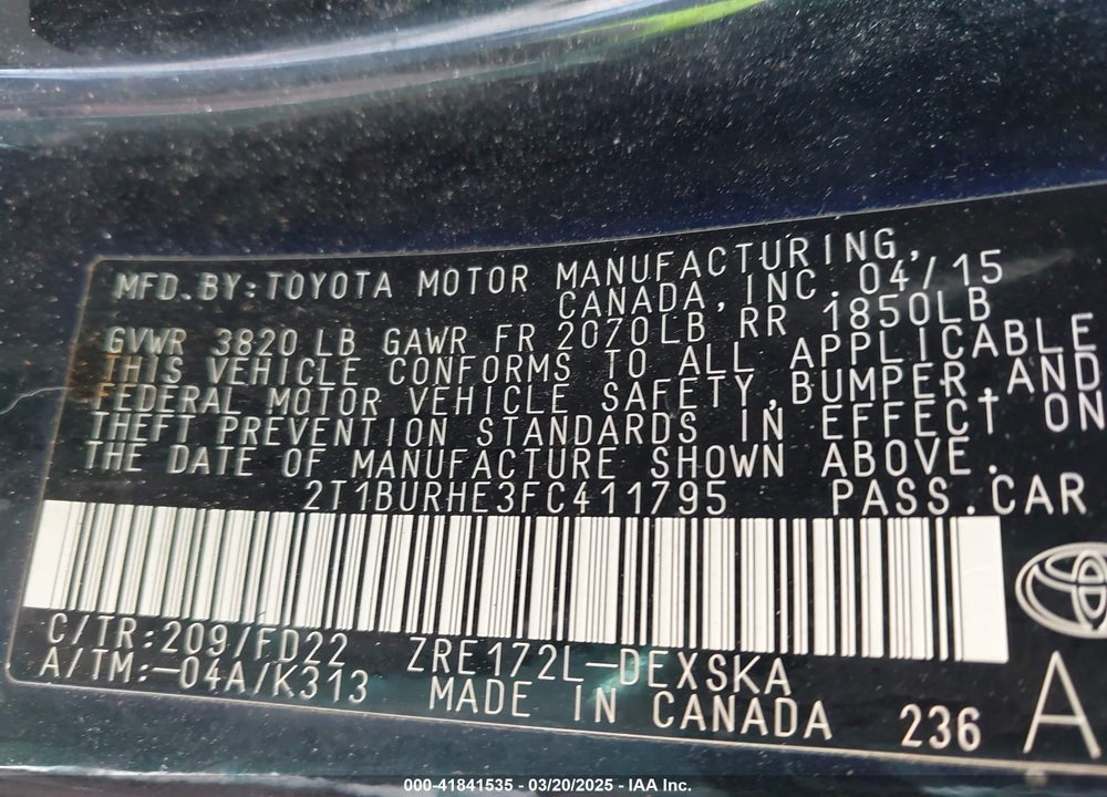 2015 TOYOTA COROLLA VIN: 2T1BURHE3FC411795