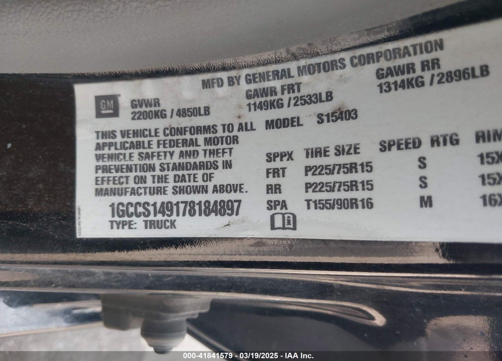 2007 CHEVROLET COLORADO LS VIN: 1GCCS149178184897