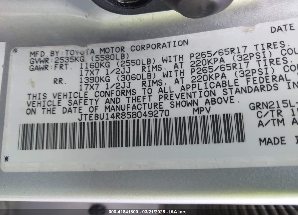 2005 TOYOTA 4RUNNER SR5 V6 VIN: JTEBU14R858049270