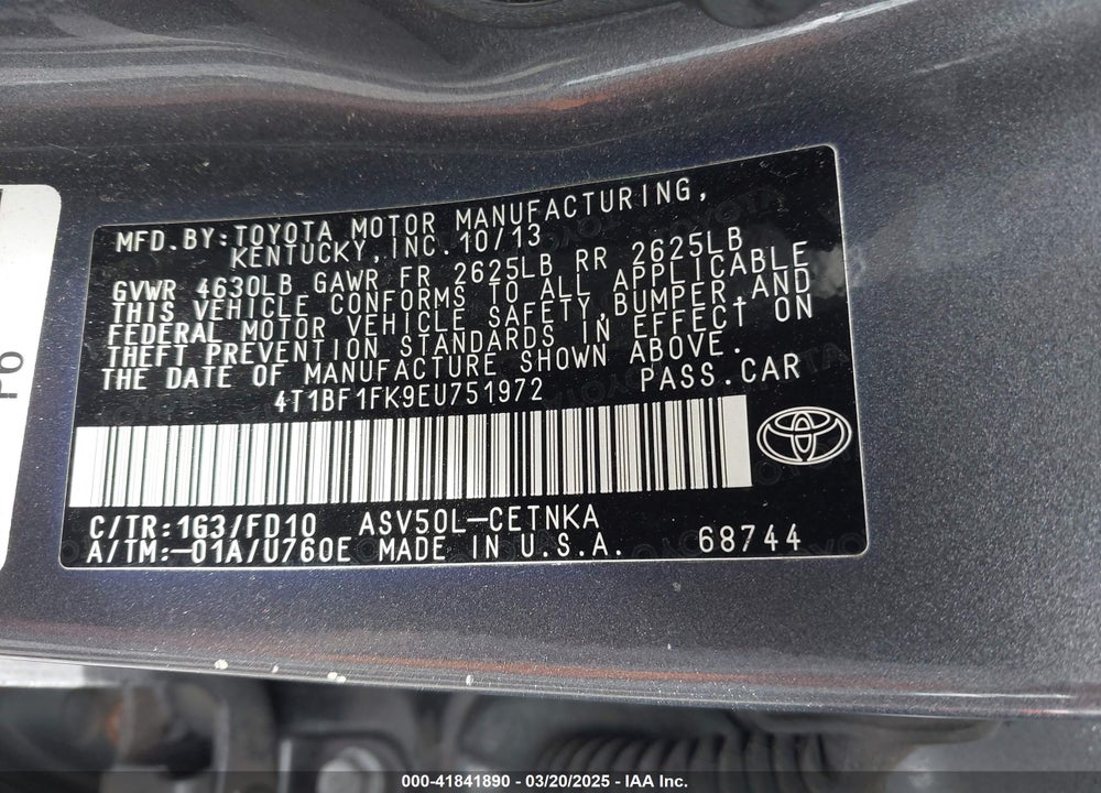 2014 TOYOTA CAMRY VIN: 4T1BF1FK9EU751972
