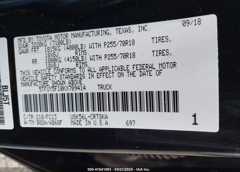 2019 TOYOTA TUNDRA SR5 5.7L V8 VIN: 5TFUY5F10KX789414
