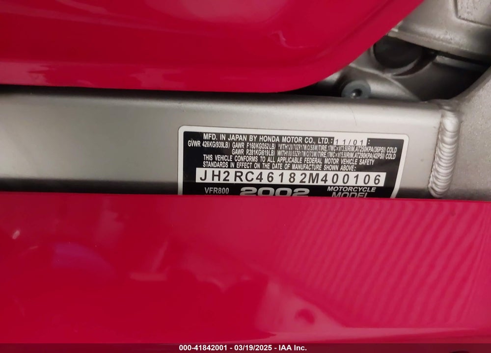 2002 HONDA VFR800 VIN: JH2RC46182M400106