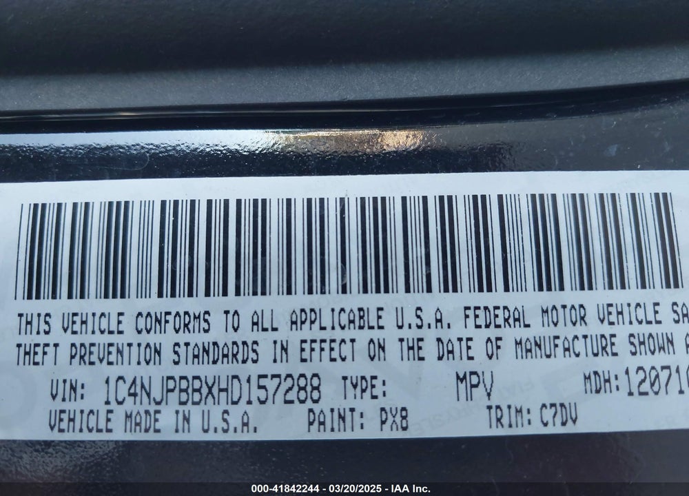 2017 JEEP PATRIOT VIN: 1C4NJPBBXHD157288