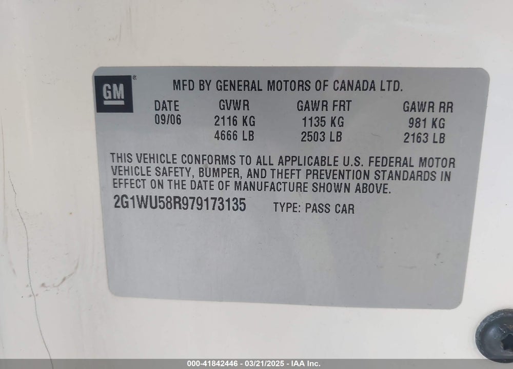 2007 CHEVROLET IMPALA LTZ VIN: 2G1WU58R979173135