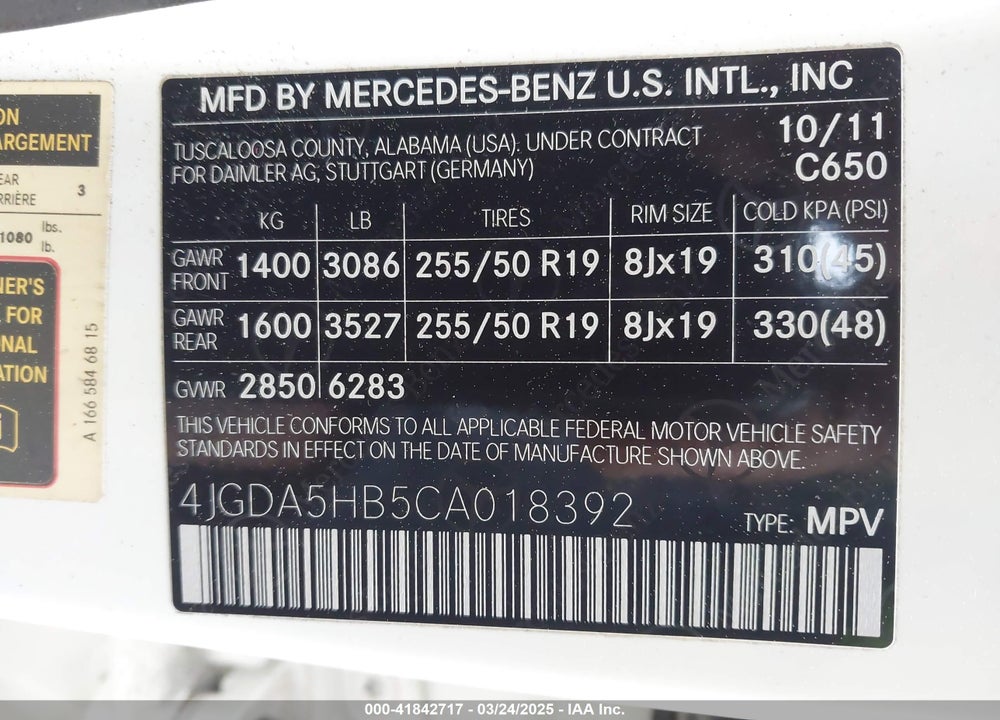 2012 MERCEDES-BENZ ML 350 VIN: 4JGDA5HB5CA018392