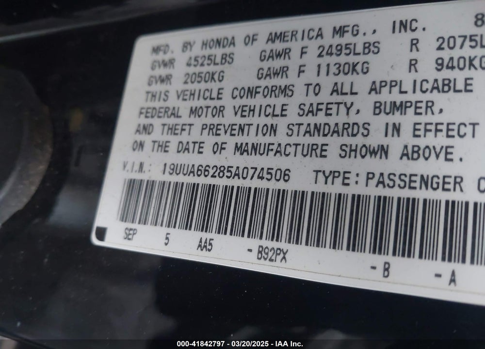2005 ACURA TL VIN: 19UUA66285A074506